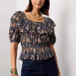 Ulla Johnson Warner Blouse Dark Blue Poplin Square Neck US 10